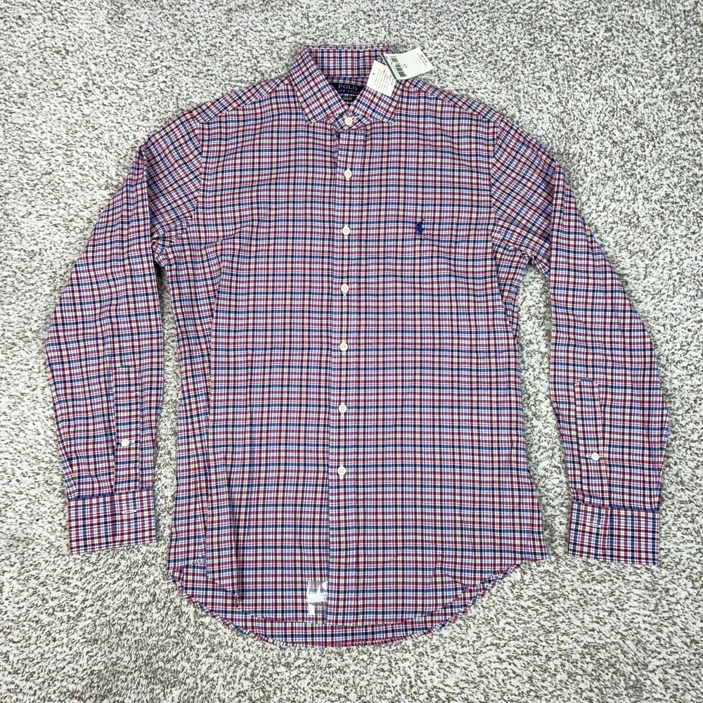 Polo Ralph Lauren Mens Shirt Small Red Blue Plaid Button Cotton Classic Fit Pony